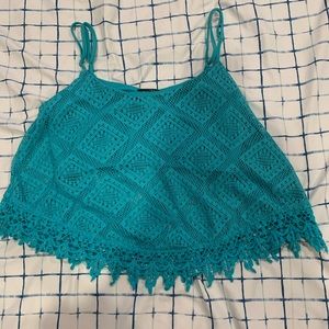 Turquoise Blue lace tank top with built in bra and adjustable straps Size Small